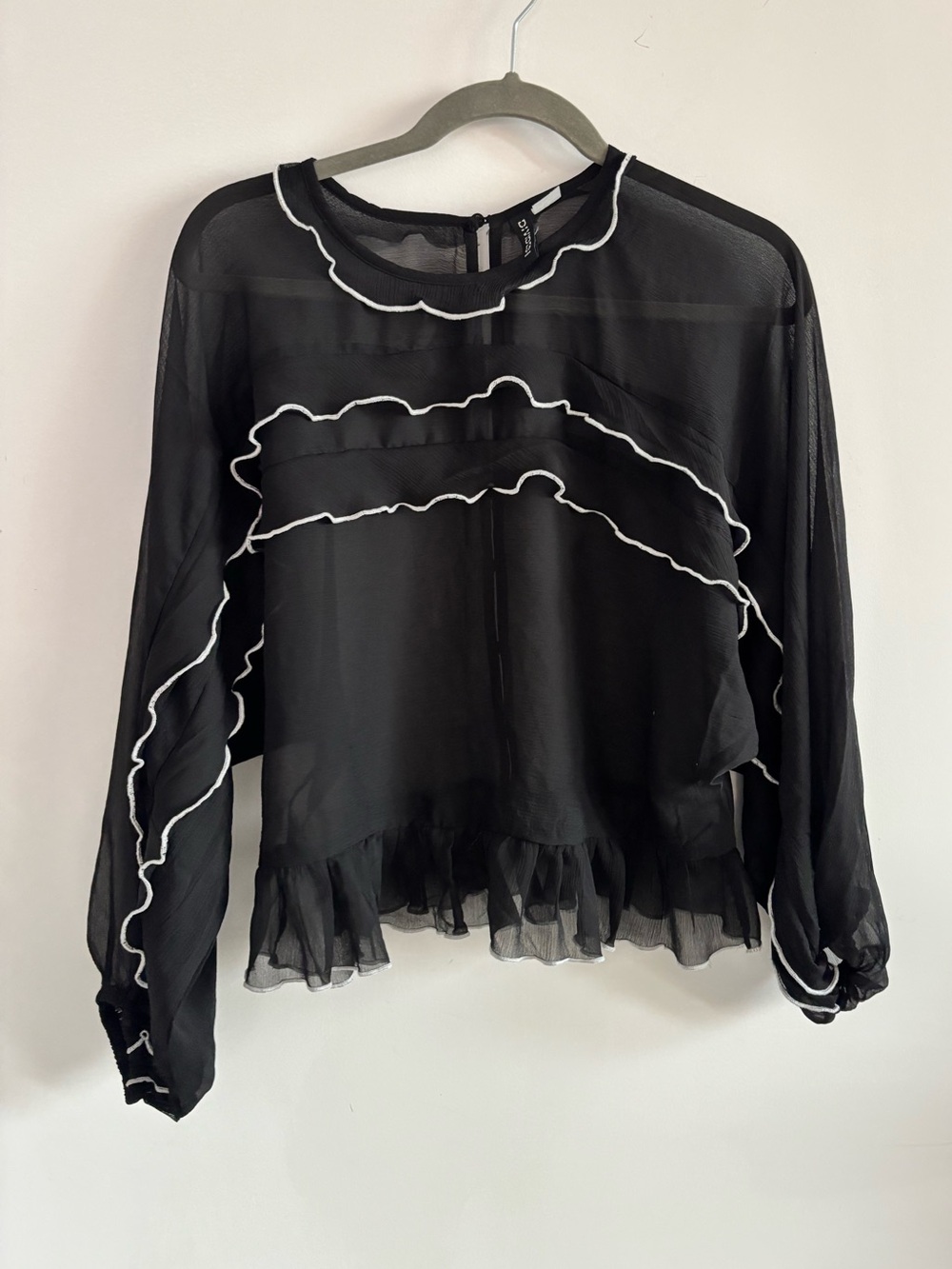 Cute Feminine H&M Black Sheer Blouse with White Ruffle Trim- Size Small